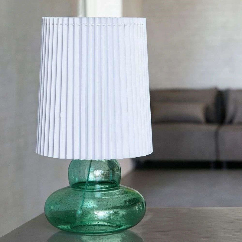 Unique Glass Base Table Lamp With White Pleated Lampshade