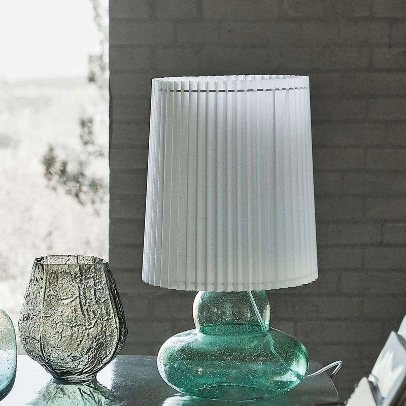 Unique Glass Base Table Lamp With White Pleated Lampshade